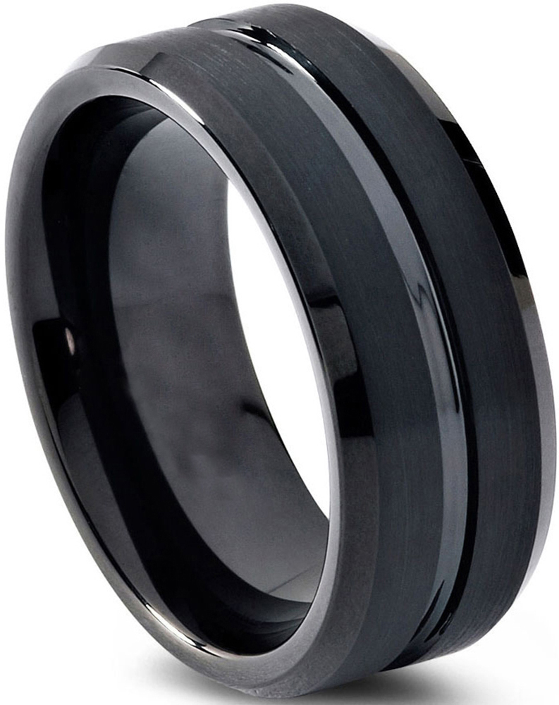 Charming Jewelers Black Tungsten Wedding Band Ring or 10mm for Men Women  Comfort Fit Black Beveled Edge Polished Brushed Lifetime Guarantee 