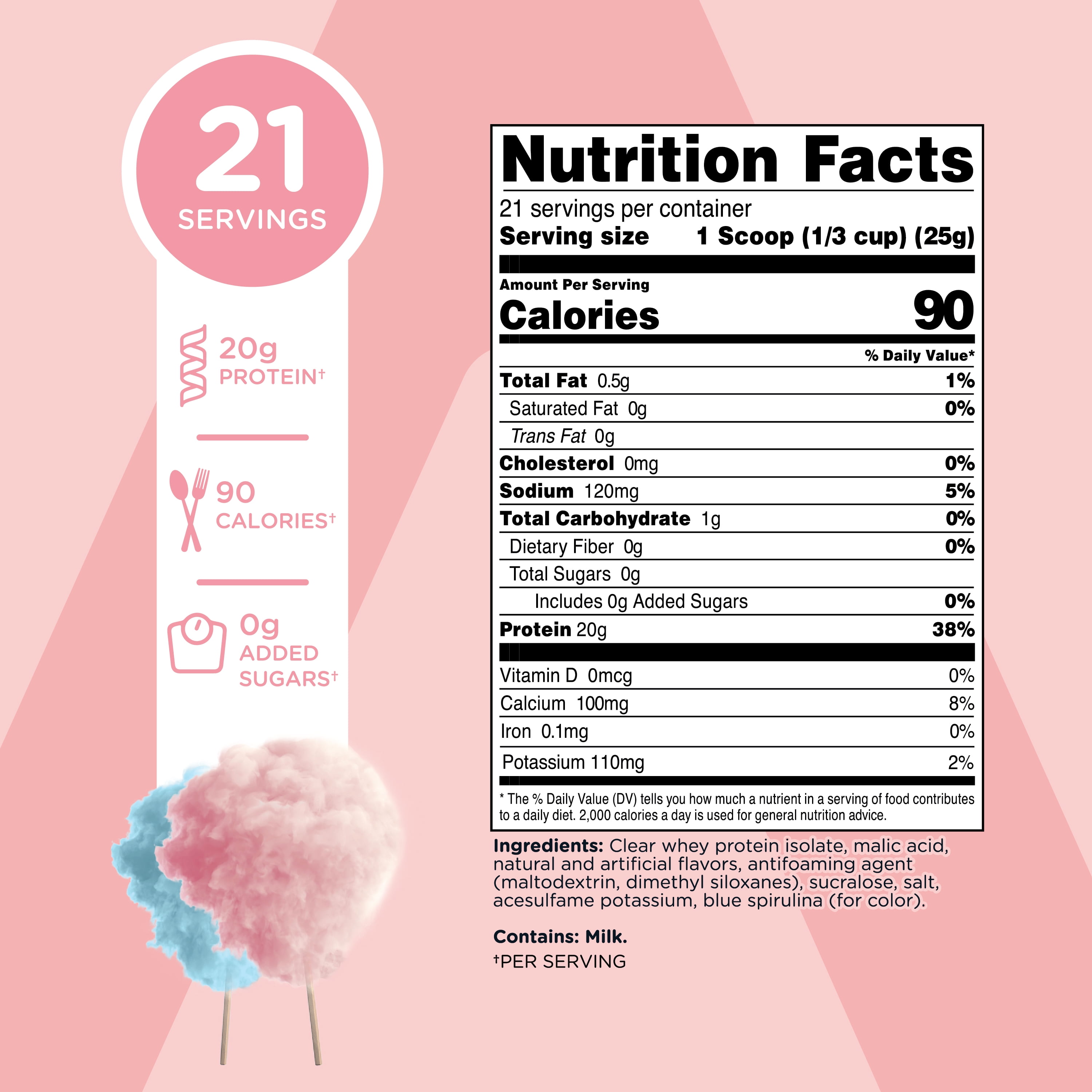 TransformHQ Clear Protein Powder (Cotton Candy) 21 Servings - Whey Protein Isolate, 20g of Protein, 90 Calories, 0g Added Sugars