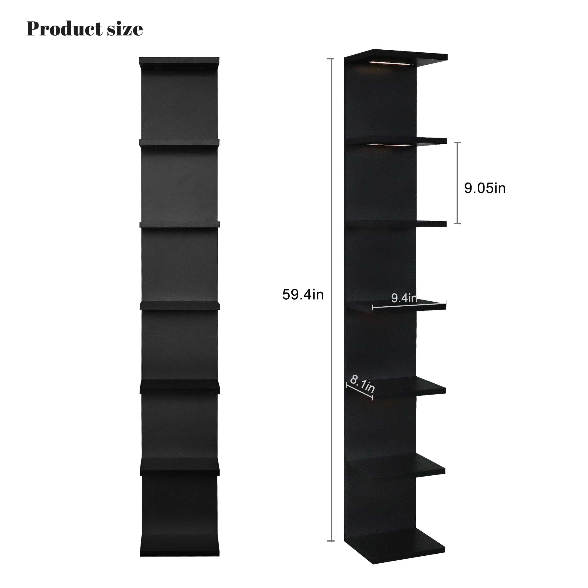 7-Tier Wall Shelf with 3 LED Lighting Modes, Multifunctional Wall Mounted Vertical Display Floating Shelf for Bedroom Living Room Vanity, Black