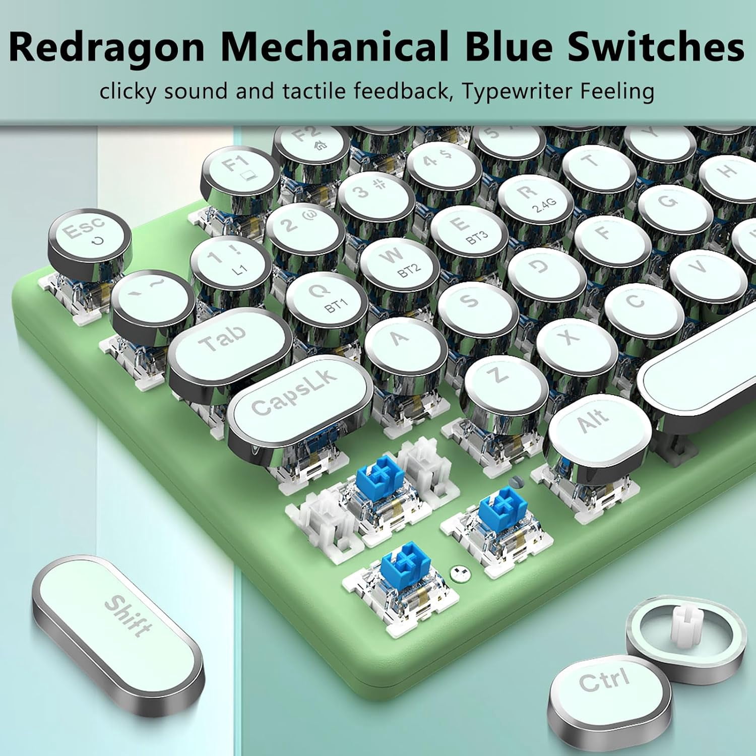 Wireless Typewriter Mechanical Gaming Keyboard, Bluetooth/2.4Ghz/Wired,Blue Switch - Clicky, Rechargeable, Solid Metal Panel, Round Keycaps, Green