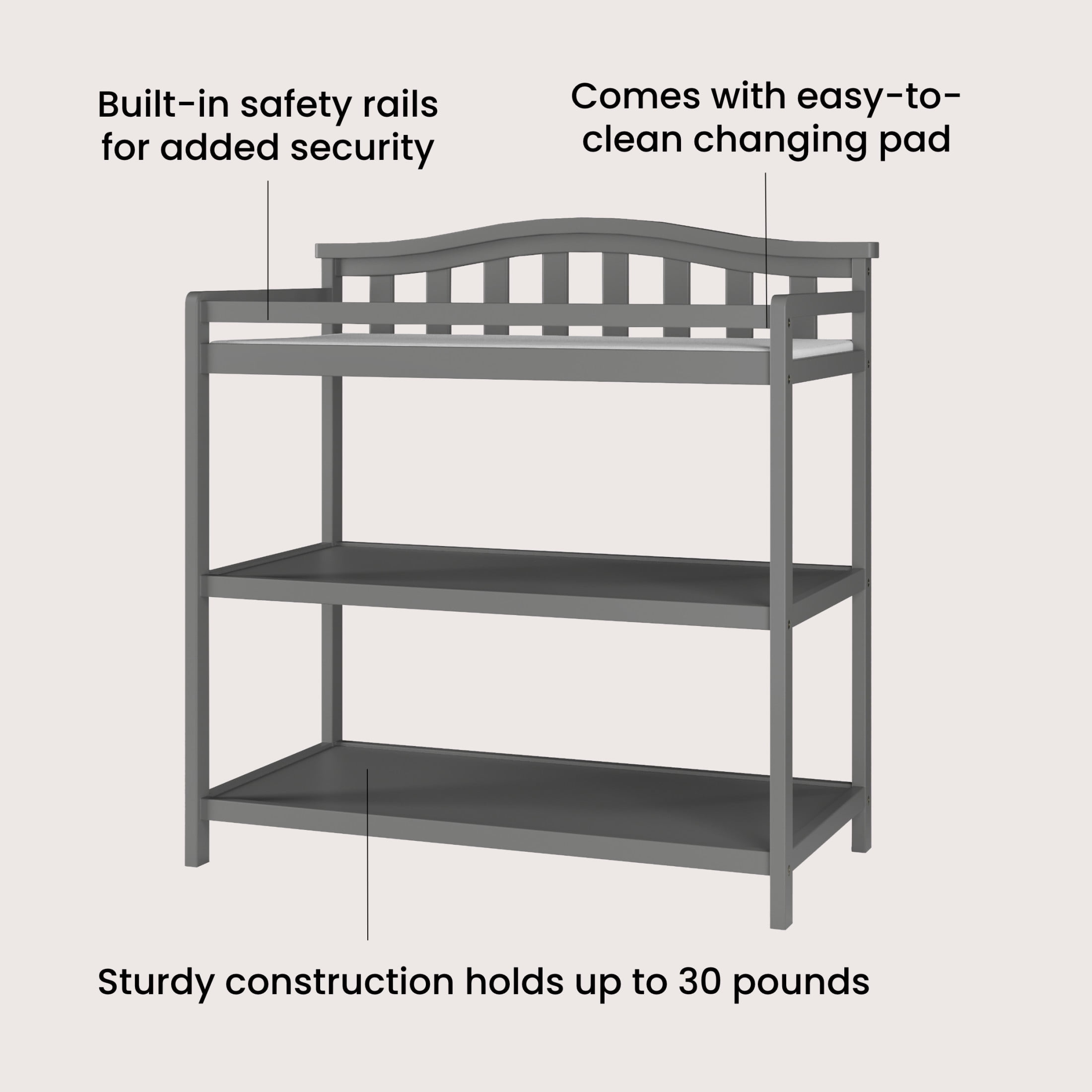 Child Craft Arch Top Changing Table with Pad & Safety Strap, 2 Storage Shelves, Anti-Tip Kit, Cool Gray
