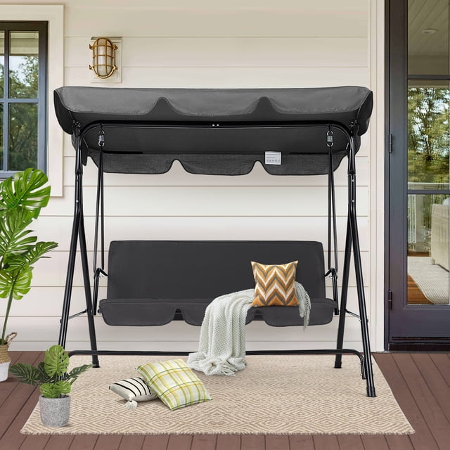 AECOJOY 3-Seat Patio Porch Swing, Adjustable Canopy & Removable Cushion, Grey