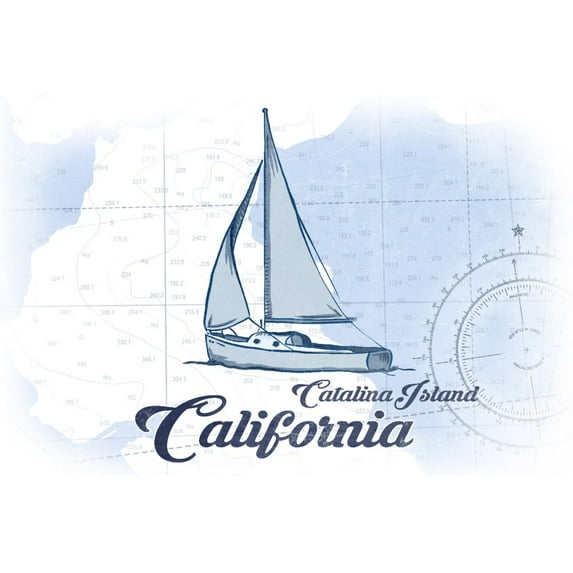 Catalina Island, California, Sailboat, Blue, Coastal Icon (36x54 Giclee Gallery Art Print, Vivid Textured Wall Decor)