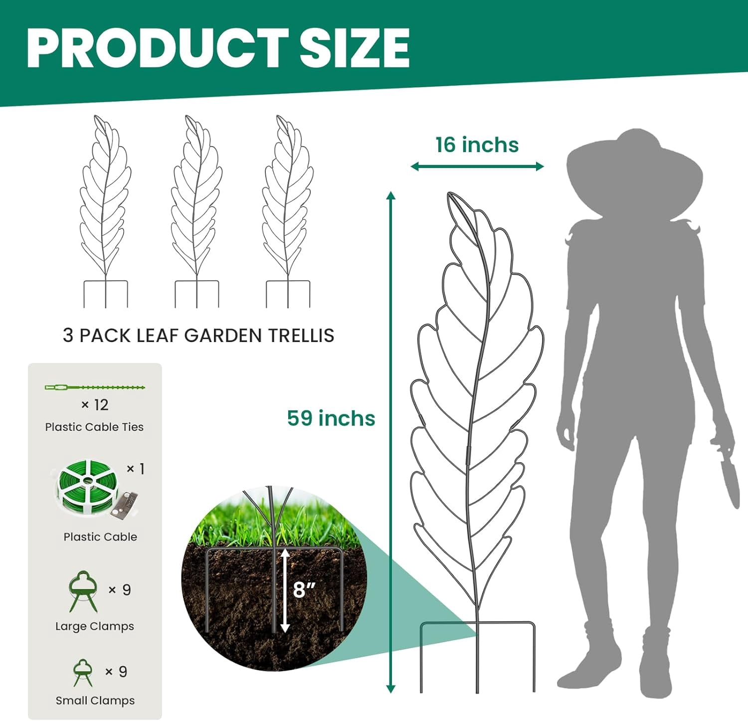FICISOG 3 Pack Garden Trellis for Climbing Plants, 59" x 16" Large Metal Outdoor Decorative Potted Trellises for Vegetable Flower Rose Vines Cucumber Plant Support