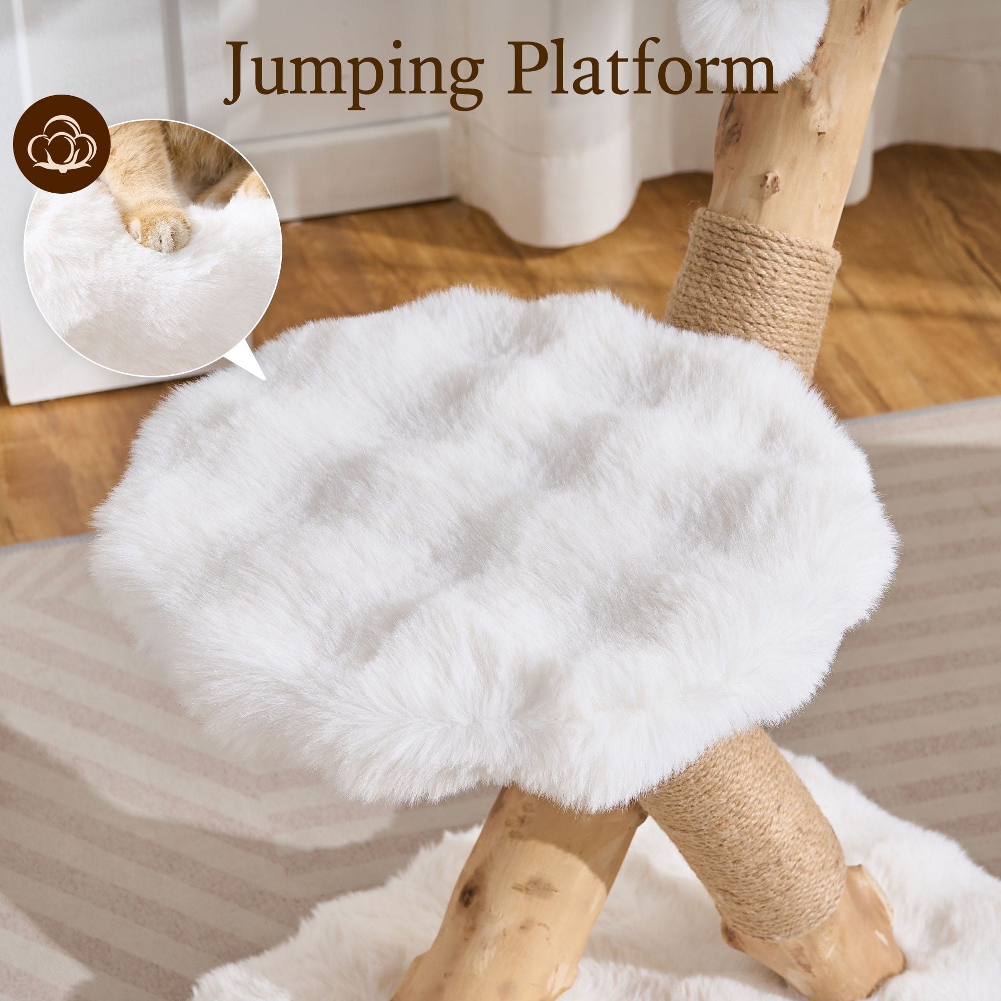 HITTITE Natural Solid Wood Cat Tree Tower with Scratching Post, 32 Inches Tall Modern Cat Tower with Cozy Bed and Platforms, Luxury Real Branch Cat Tree for Indoor Cats Large Adult, White.