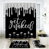 4 Piece Get Naked Shower Curtain Sets with Rugs, Toilet Lid Cover , Luxury Jewelry Shining Silver Diamond Funny Quotes Dripping Glitter Modern Fashion Girl Bathroom Shower Curtain with 12 Hooks