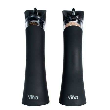- Automatic Gravity Salt Pepper Grinder Set Electric Battery Operated Shaker Pack of 2 Plastic Body Ceramic Adjustable Grinding Coarseness Mills Free Garlic Roller Included by Vina