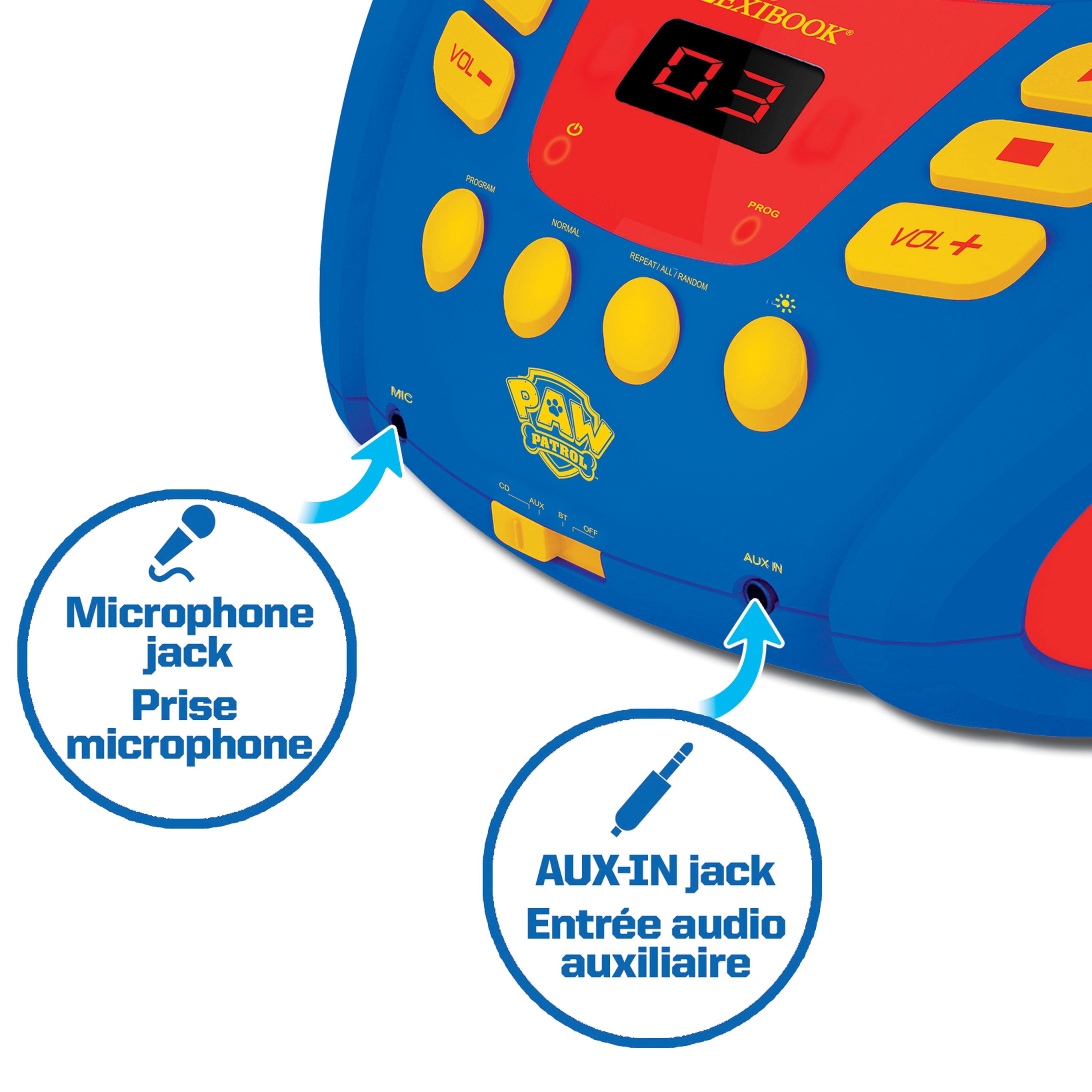 Lexibook - Paw Patrol - Bluetooth CD player for kids – Portable, Multicoloured light effects, Microphone jack, Aux-in jack, AC or battery-operated, Girls, Boys, Blue/Red