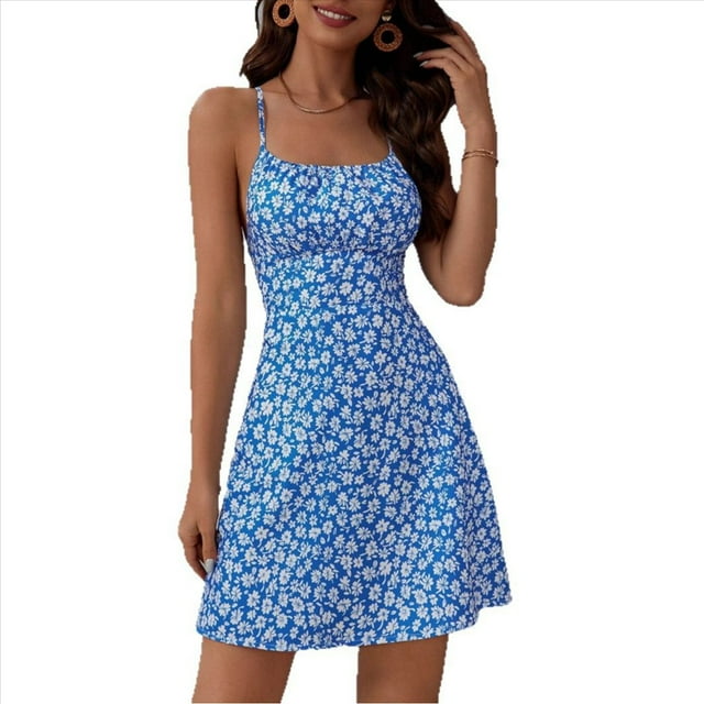 Women's Summer Ditsy Floral Backless Back Tie Back Sleeveless Mini Dress Blue M