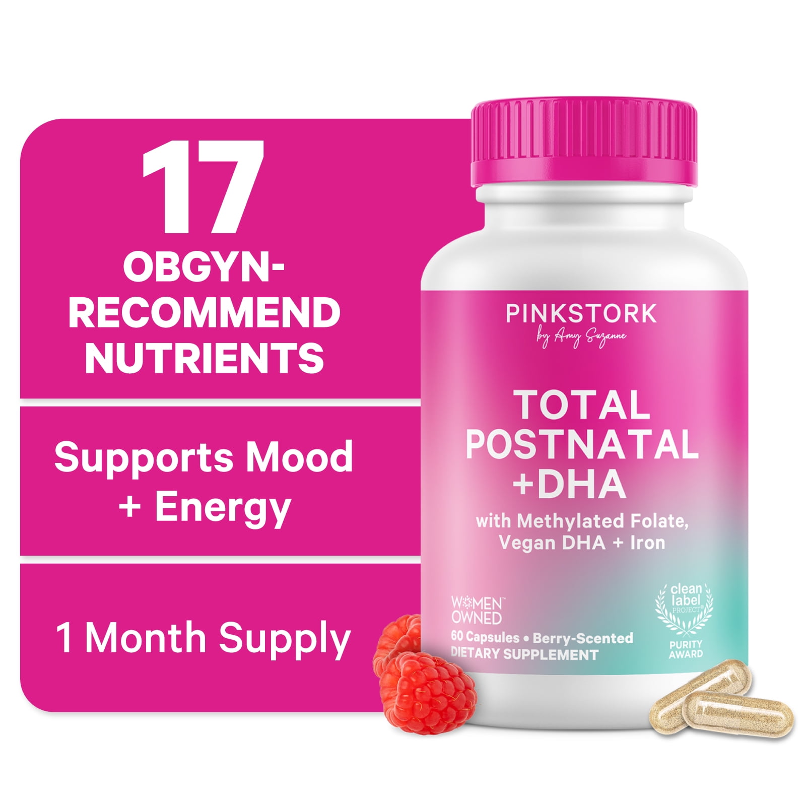 Pink Stork Postnatal Multivitamin for Breastfeeding Moms, 60ct - Vegan Algae DHA, Iron, Folate, and Vitamin B12, No Fishy Burps, Berry Scented