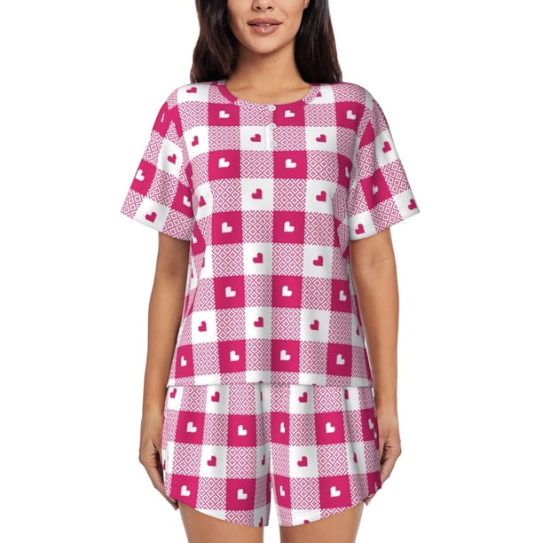 Fotbe Plaid Heart Conjunto de Pijama Estampado para Mujer, 2 Piezas, Ropa de Dormir con Camiseta de Manga Corta y Shorts Suaves-Small