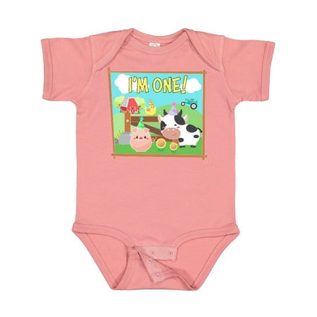 

Inktastic I m One! Farm Animals Wearing Birthday Party Hats Gift Baby Boy or Baby Girl Bodysuit