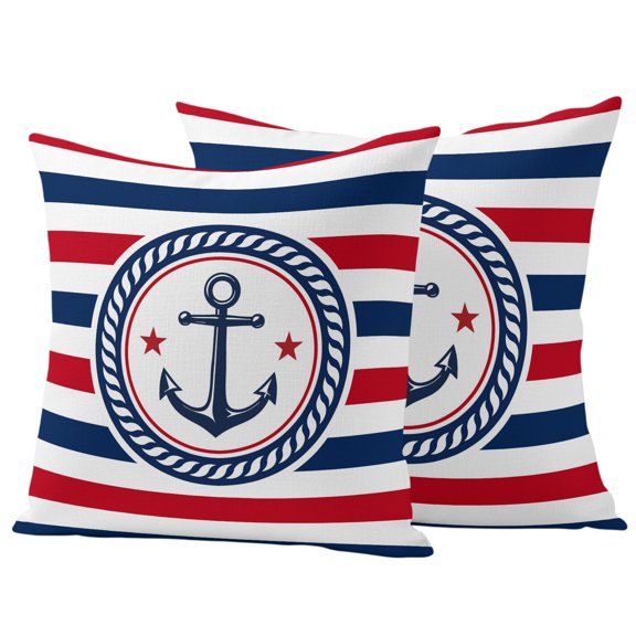 Nautical Anchor Pack of 2 Outdoor Throw Pillow Covers 16x16 Inches, Modern Coastal Classic Red Blue Stripe Lines Waterproof Pillowcases Decorative Cushion Cover for Patio Garden Furniture