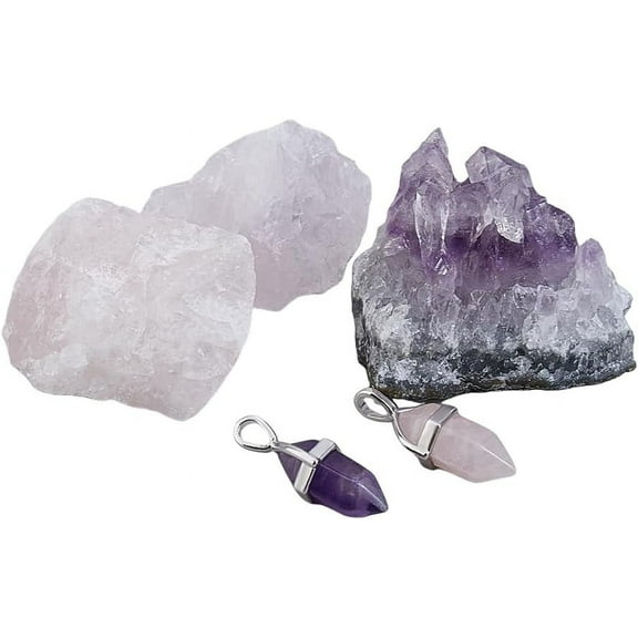 Rough Stones Raw Crystals Kit Including 1Pc Natural Amethyst Stone 2Pcs Rose Quartz 2Pcs Pointed Pendants Charms for Jewelry Making Silver