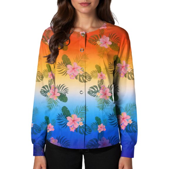 Scrub Jackets for Woman Long Sleeve Snap Front Plus Size Medical Uniform Lightweight Hawaiian Tropic Scrub Tops Soft Breathable Nurse Shirt Royal Blue S