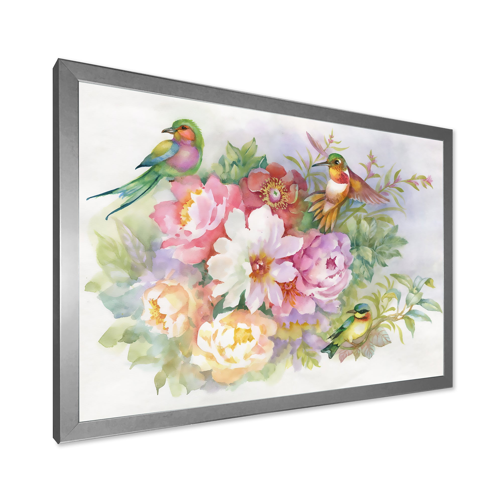 Designart 'Colourful Birds and Vibrant VIntage Flowers' Traditional Framed Art Print