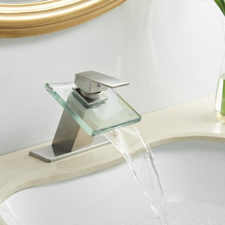 

vistreck Waterfall Single Hole Single-Handle Low-Arc Bathroom With Glass Spout In Brushed nickel