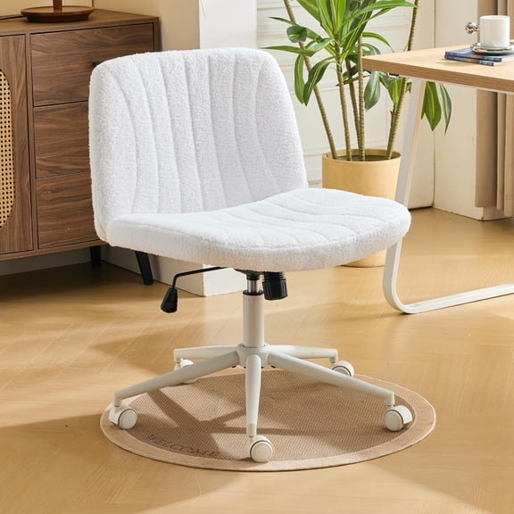 WoofPaw Criss Cross Armless Desk Chair with Wheels, Teddy White | Cross Legged, Office Swivel Chair, Wide Adjustable, Comfy Padded Vanity Chair, Dual Purpose Base, for Living Room, Study Room