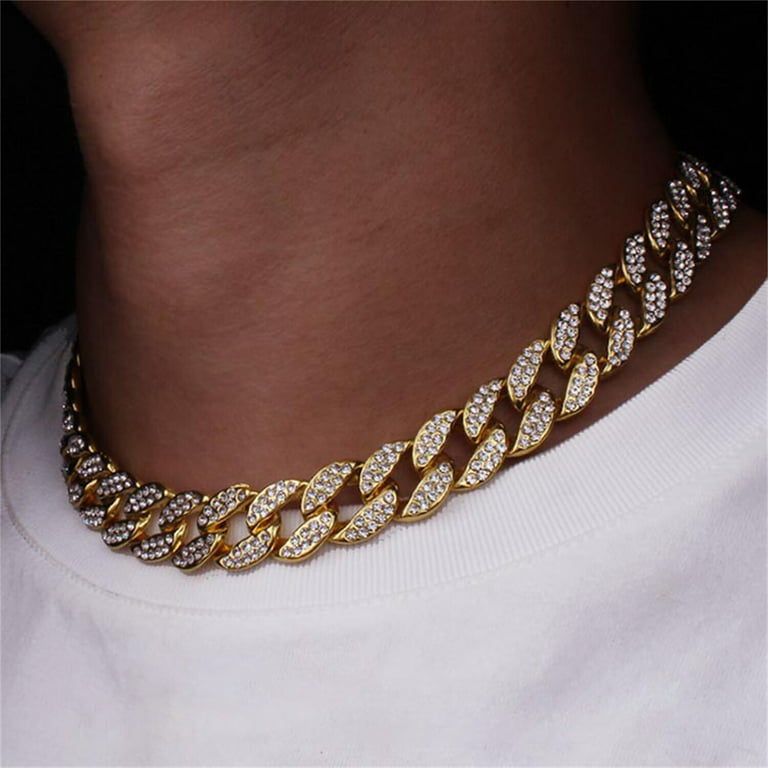 nkjegol Cuban Chain Necklaces Silver/Gold Cuban Link Chains Mens Iced Out  Miami Bling Diamond Hip Hop Jewelry for Women (16 inch, Gold)