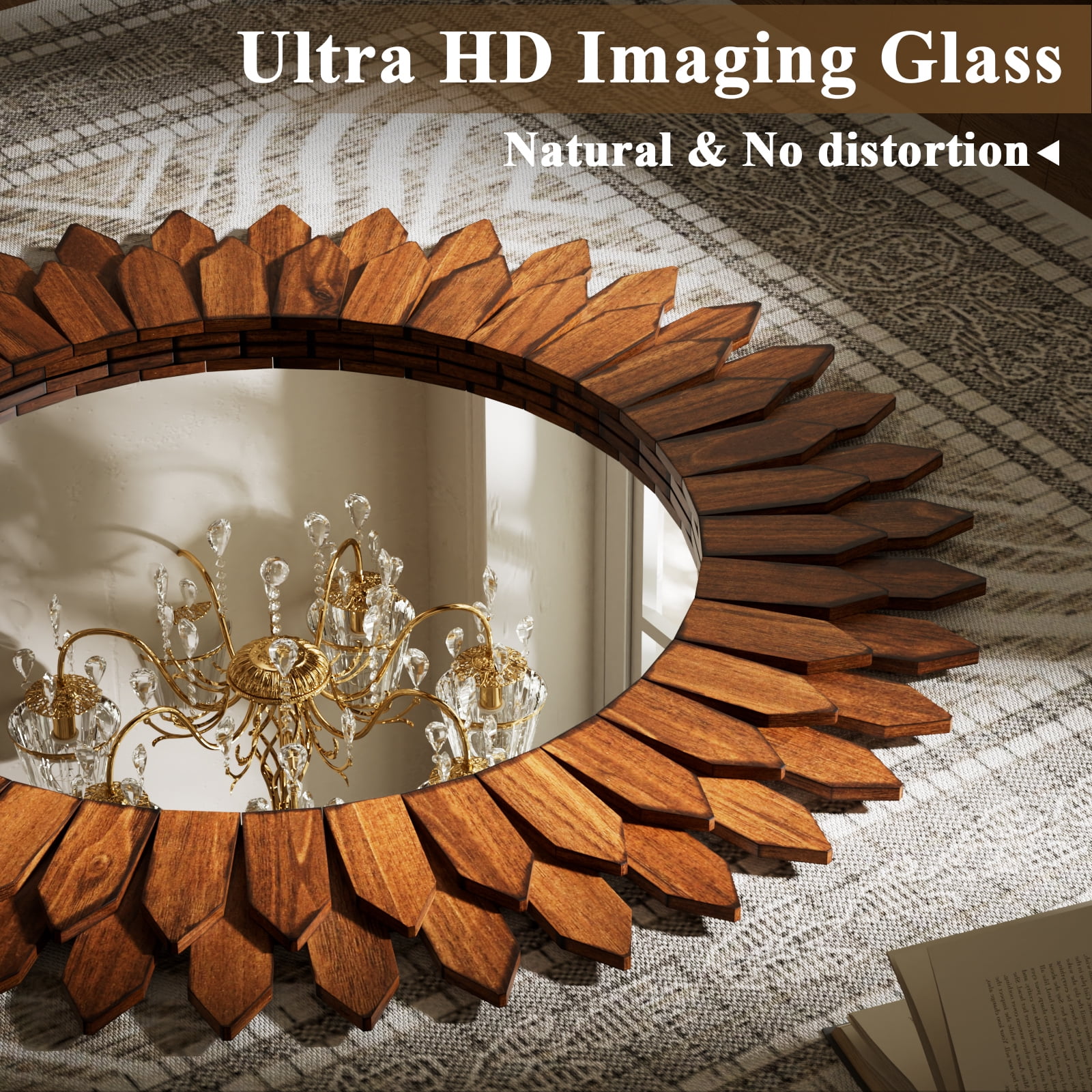 Easy4Home 24" Rustic Wood Mirror Wall Decoration Hanging Round Mirror,Dark Brown