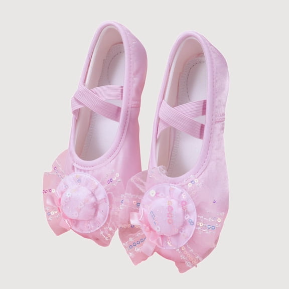 Gyujnb Girls Sequin Mesh Satin Ballet Shoes Soft Sole Dance Footwear,Elastic Strap Closed Toe Practice Shoes (Girls),7-8 Years
