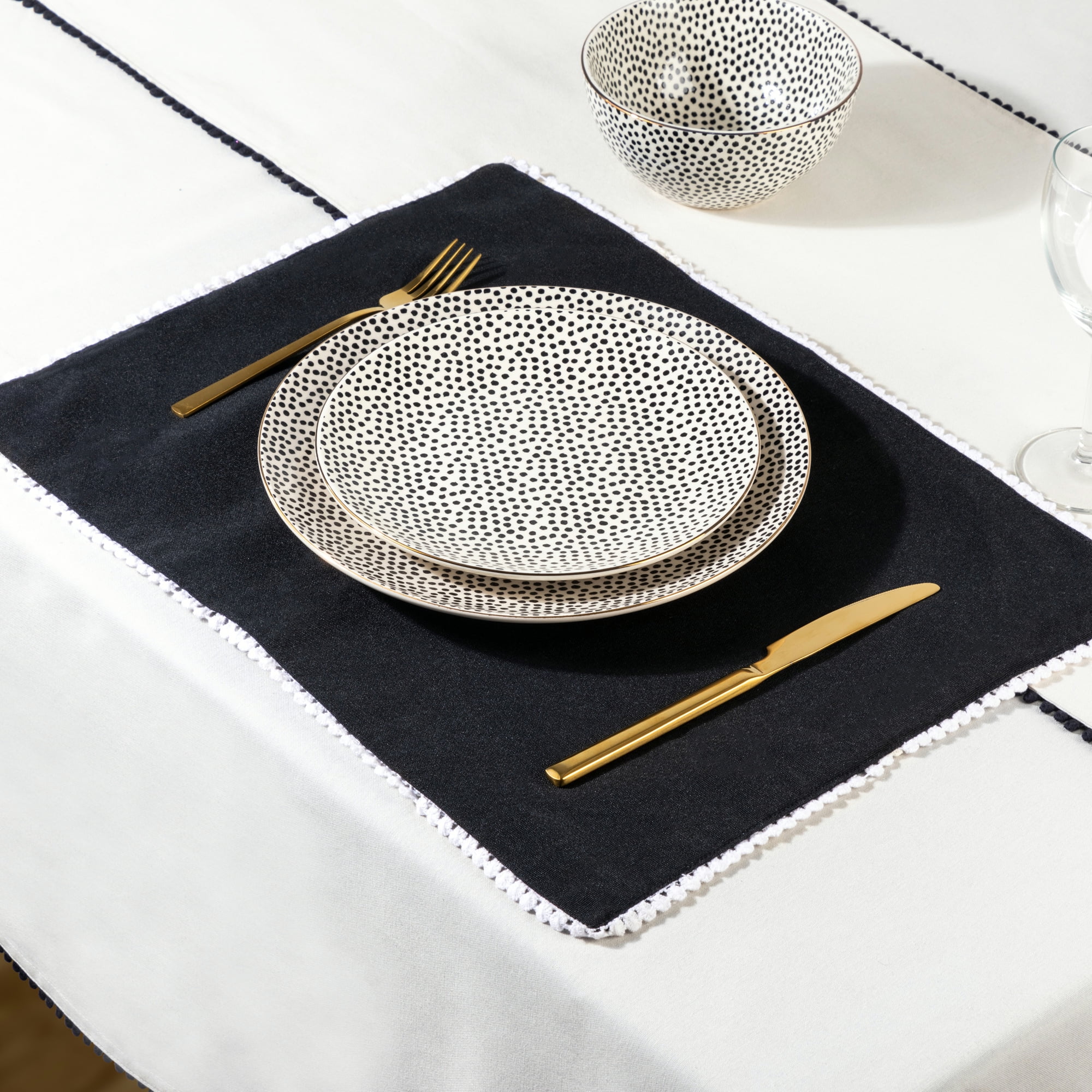 Thyme & Table Placemat, Ivory with Black Pom Pom Trim, 14 x 19"