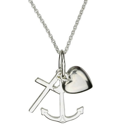 Sterling Silver Faith Hope Charity Heart Charm Pendant Cable Chain Necklace Italy, 16