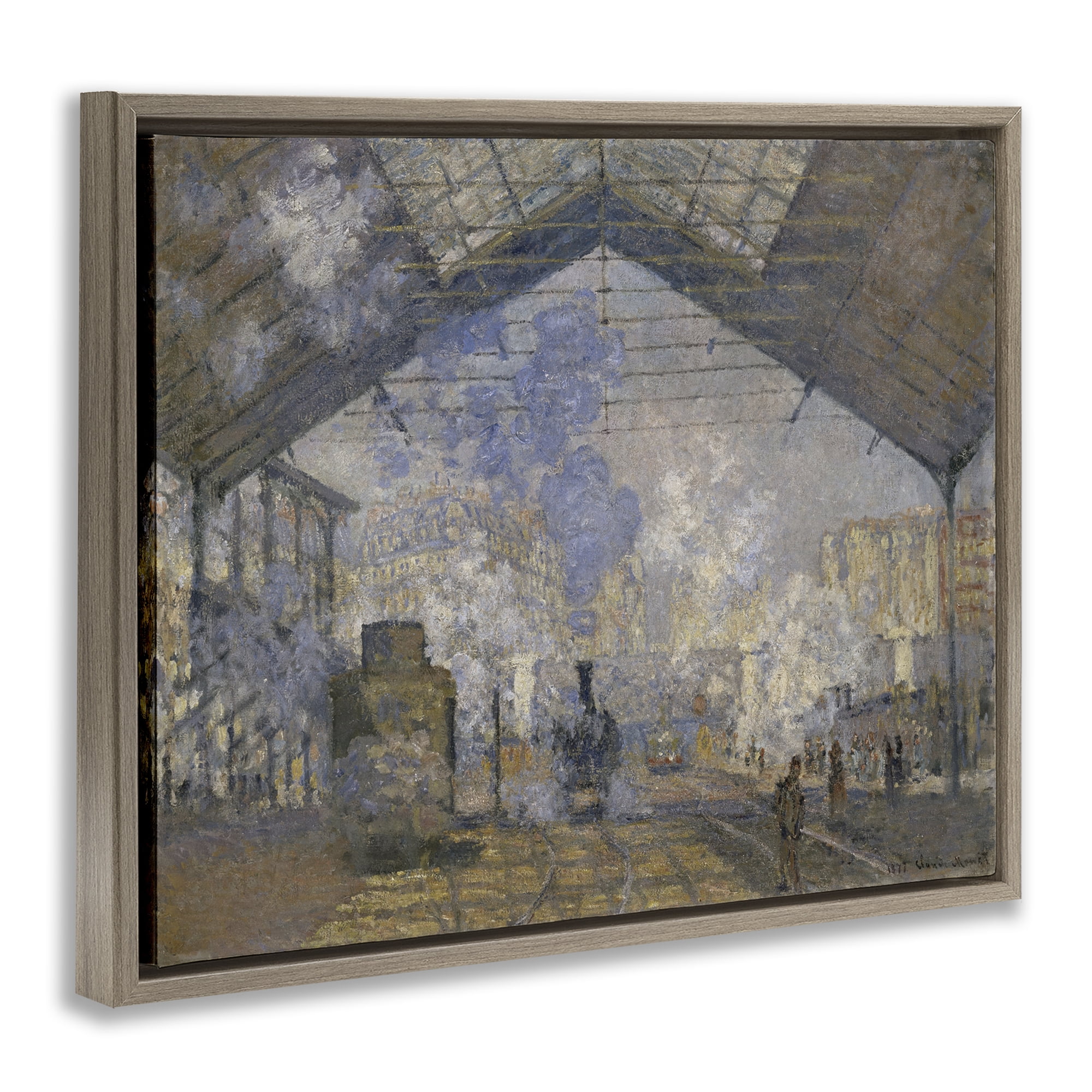 Stupell Industries Classic Monet Saint-Lazare Station Buildings & Architecture Painting Brown Floater Framed Canvas Art Print Wall Art, 21 x 17