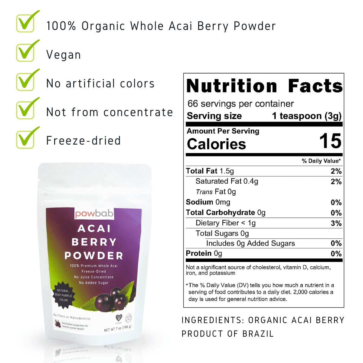 powbab Acai Berry Powder - 100% Organic Acai Berries Unsweetened (7 oz)