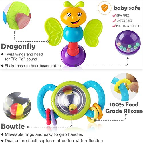 4 18 Month Old Ball Shaker 3 9 12 Grab Babies Chewing Silicone Teether Boy Infants Teething Play Toys Development Educational Musical Gift Set for 0 6 5 10 Baby Rattles 1 Newborn Girl 