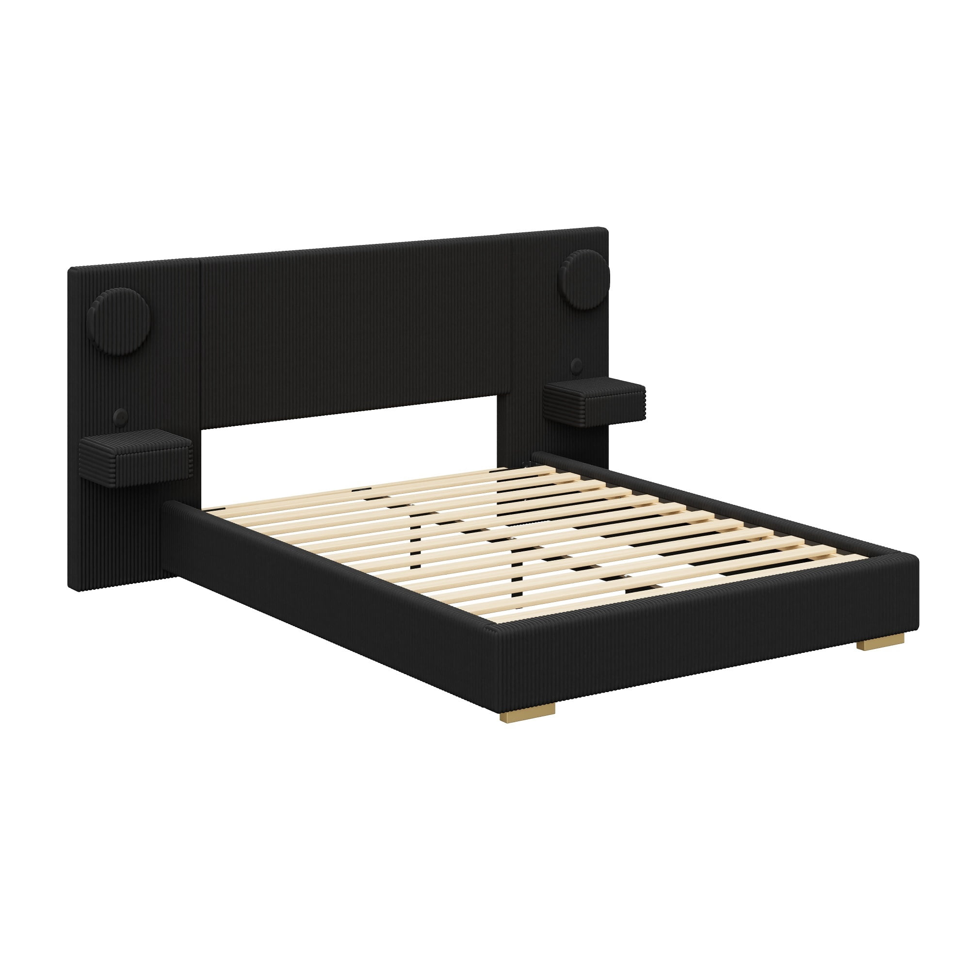Euroco Upholstery Queen Size Platform Bed with LED Light and Drawers, High Headboard Design with Bedside Tables and USB Ports, No Box Spring Needed, Black