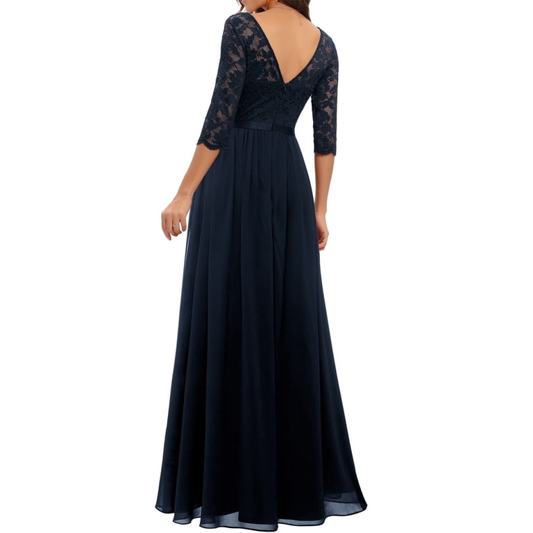 chinese dress ladies Glamorous Navy Blue Lace Tulle V Neck See Through Prom Dress