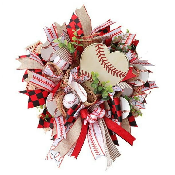 TERGAYEE Patriotic Wreath,Baseball Wreath Decor Patriotic Wreath Baseball Football Printed Gift for Festival Celebration Front Door Wall Window Party Decoration