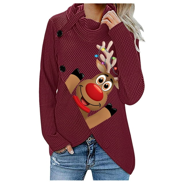Chandail de Noël pour Femmes à Imprimé Graphique, Chandail en Molleton de Mode à Manches Longues, Blouse à Fermeture, Veste Mi-Longue, Cardigan d'Hiver à Col Rond, Chandail à Capuchon Doux