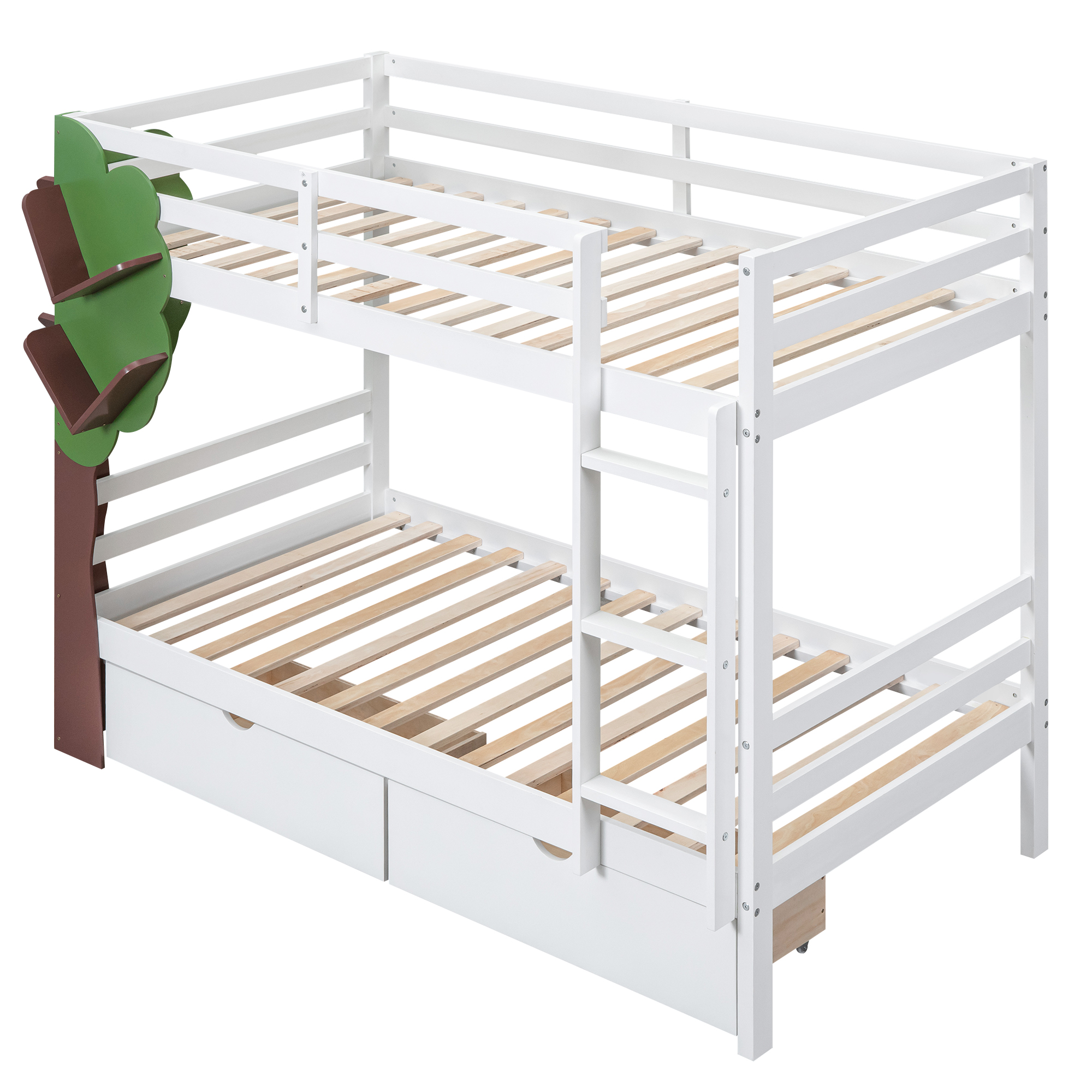 DEALTOPS Twin-Over-Twin Bunk Bed with a Tree Decor and Two Storage Drawers - White