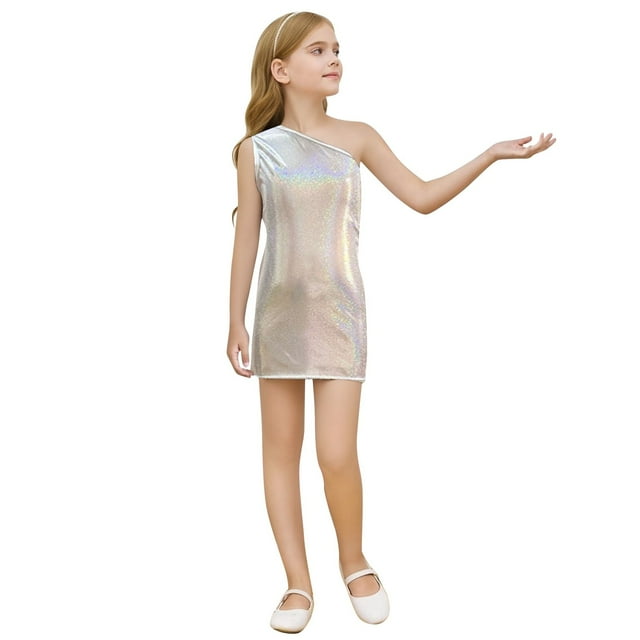 Wdgfv Robe à Paillettes pour Filles Robe Moulante de Fête Sans Manches Robe de Danse Scintillante pour Fête d'Anniversaire Tenue Élégante Col Rond Design Argent 9-10 Ans