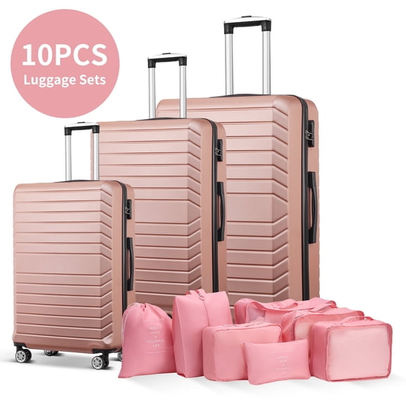 10 Piece Luggage Sets, 20 24 28 inch Lightweight Harside Suitcase with Spinner Wheels and 7PCS Packing Cubes(Rose)