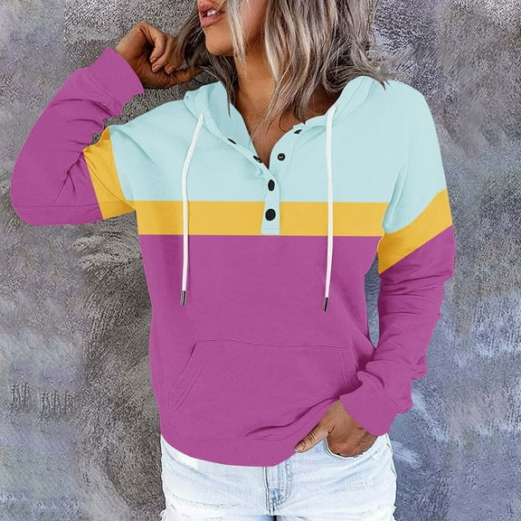 Hoodies for Women Drawstring Hooded Sweatshirts Women's Contrasting Button Hat Rope Hooded Pocket Pullover Fashionable Sweatshirts
