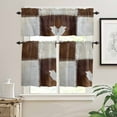 thumbnail image 2 of Collage Cowhide Kitchen Curtains and Valances Set, Abstract Brown Seam Cow Leather Rod Pocket Window Valance 18 Inch Window Curtain Panels for Living Room Bedroom Laundry, 27.5x36in, 3 Pieces, 2 of 7