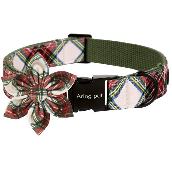 Collar para perro con forma de anillo para mascotas, de Navidad, a cuadros rojos y verdes con flores