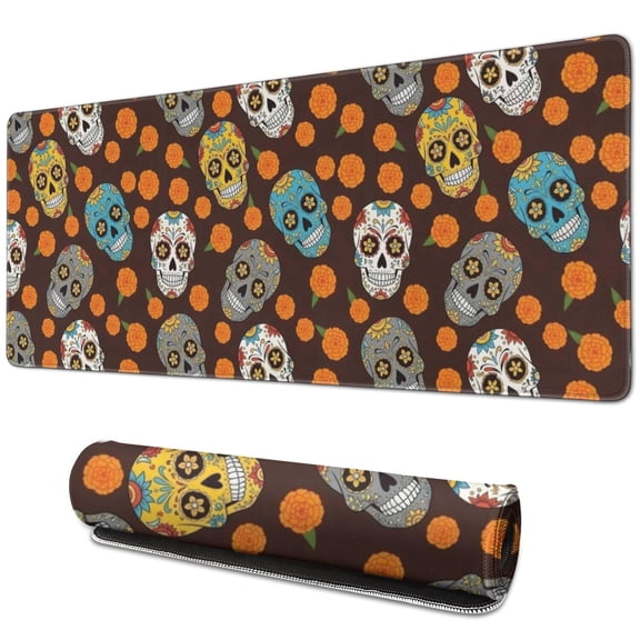Long Mouse Pads for Desk,Brown Skull Marigold Pattern Desk Mats on Top Of Desks, Desk Mouse Pad Extra Large with 3mm Non-Slip Base and Stitched Edge for Gaming,Office,Work,Home 31.5"x11.8"