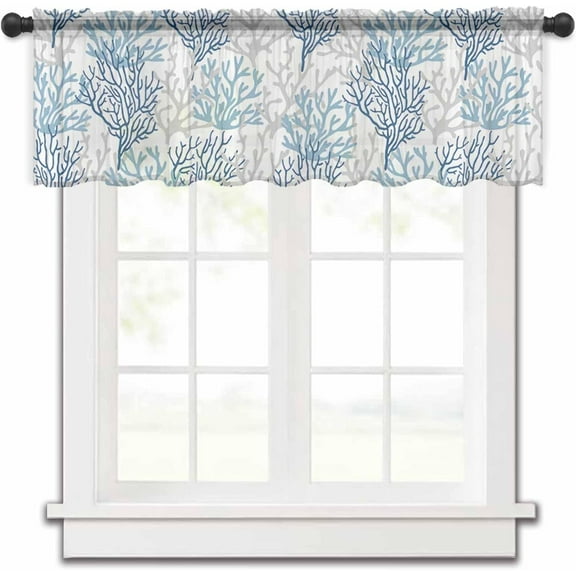 Navy Blue Coral Coastal Sheer Valance, Summer Beach Light Filtering Kitchen Curtain Valances, Ocean Seaside Nautical Chiffon Rod Pocket Living Room/Bedroom/Cafe Curtains 54"x18"