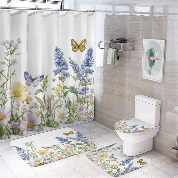 Shower Curtain 4 Piece Sets Sage Green Wild Flower Plant with Rugs Toilet Lid Cover And Bath Mat Seasonal Floral Butterfly Farmhouse Bathroom Decor Set for Bathroom Decor 72inch X 72inch