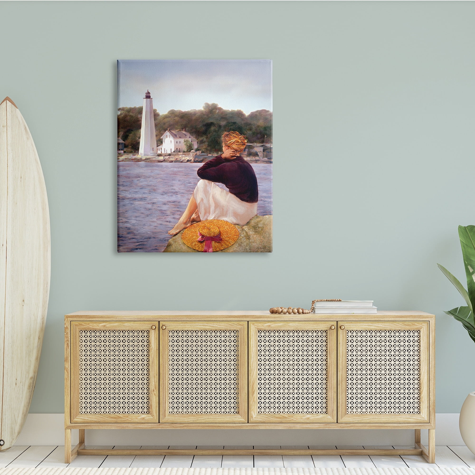 Stupell Industries Woman at Shoreline Coast Lighthouse Realistic Nautical Painting, 36 x 48, Design by Robert Desantis