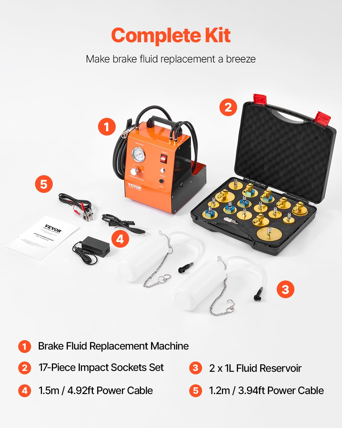 VEVOR Electric Brake Bleeder Kit, Professional 110V Brake Master Cylinder Bleeder Kit with Pressure Gauge & Built-In Air Pump, Versatile Brake Bleeder Adapter Set for Both DC & AC Power