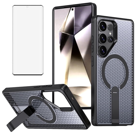 Asuwish Kickstand Hard Shell Slim Cell Phone Case with Tempered Glass Screen Protector for Samsung Galaxy S24 Ultra, Black