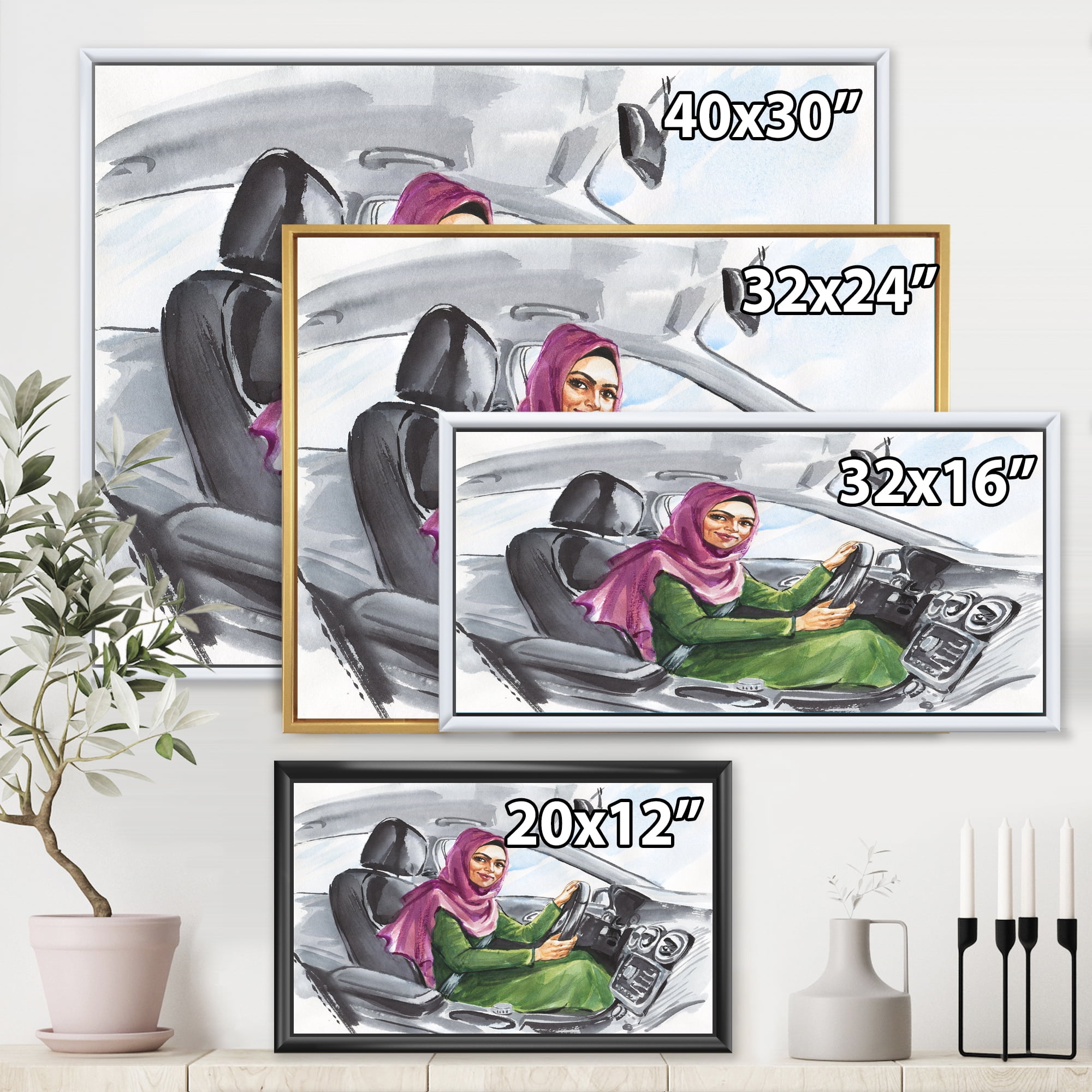 Designart 'Arabian Lady Driving A Car II' Modern Framed Canvas Wall Art Print