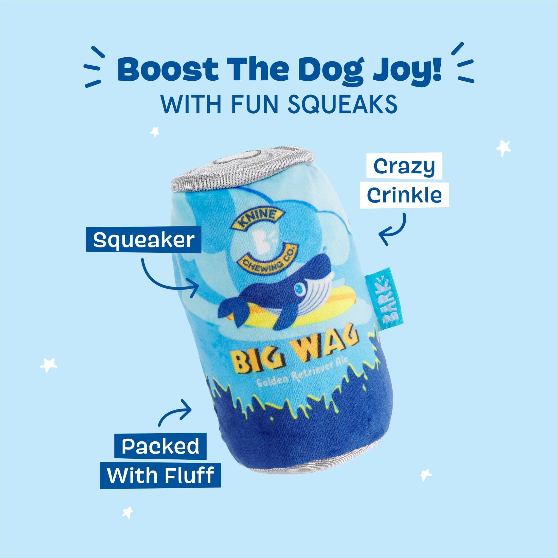 BARK Surf Beer Can Plush Blue, Yellow, and Silver Dog Toy All Sizes