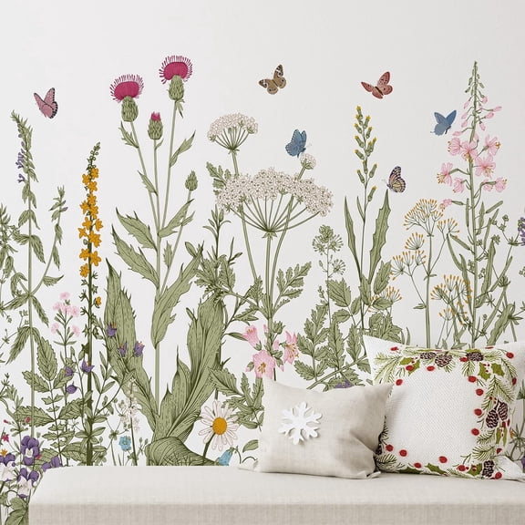 6 Pcs Flowers Wall Decals Stickers Vinyl Removable Peel and Stick Colorful Dragonflies Floral Wall Murals Decor for Bedroom Living Room Nursery (Olive Green Flowers)