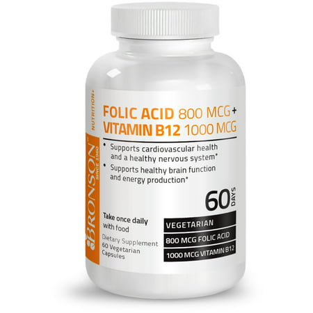 Bronson Folic Acid 800 mcg + Vitamin B12 1000 mcg, 60 Vegetarian